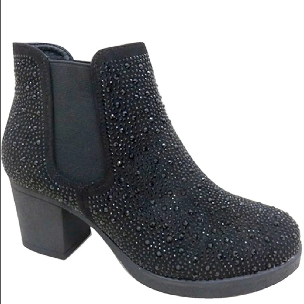 3 Left! Metallic Red Rhinestone Embellished Slip On Chelsea Heeled Booties - Picture 3 of 7